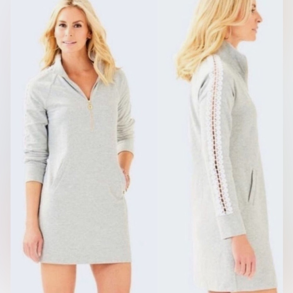 NWT LILLY PULITZER Skipper Dress - Heather Seaside Grey w/ White Lace Sleeve XL